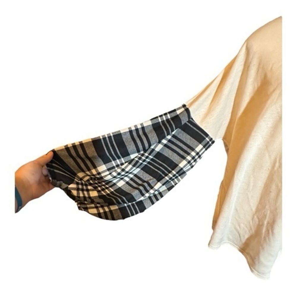 Women’s Large Plaid Balloon Sleeve Off White Sweater Top 10 12